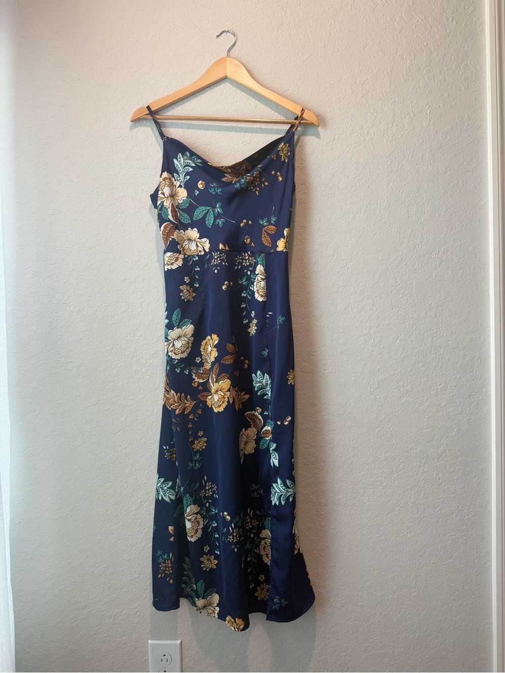 Navy Blue Floral Midi Silk Dress